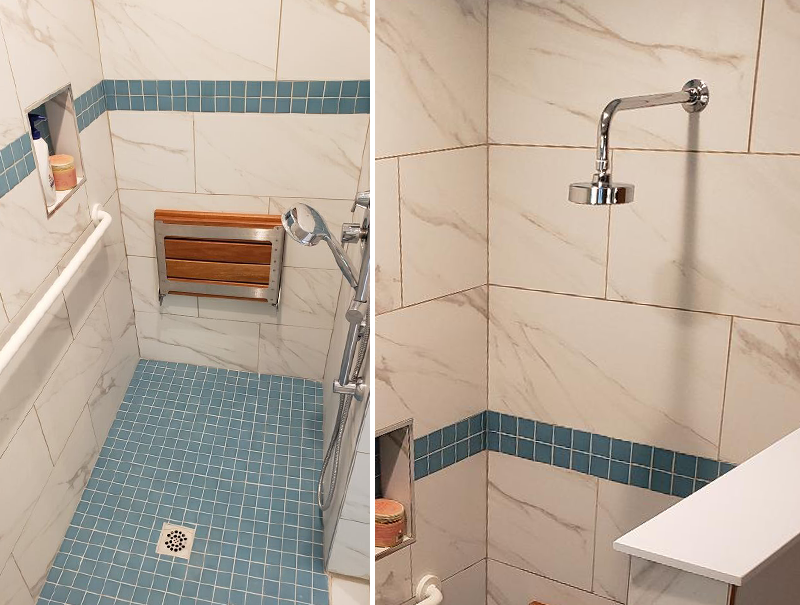 Image showing inside of shower - complete with wall-hung seat, handheld showerhead and diverter.