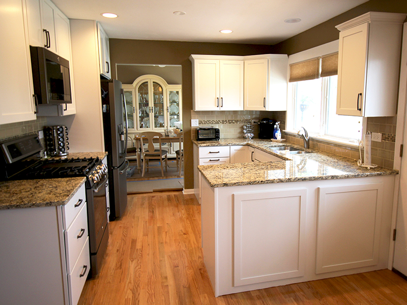 Kitchen remodeled with new cabinets and granite countertops in Naperville, IL.